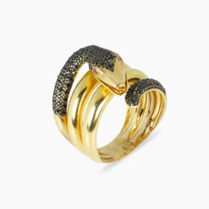anel de cobra em prata 925 com banho de ouro 18K e zircônias pretas
