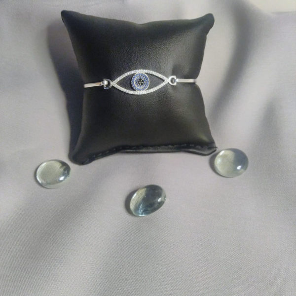 Bracelete de Prata 925 com Olho Grego e Borda de Cristal